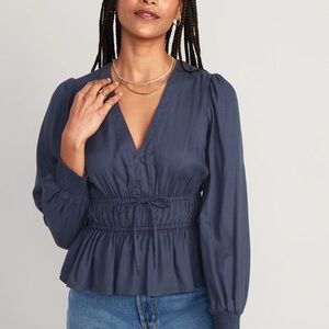 Waist-Defined Smocked Tie-Front Blouse